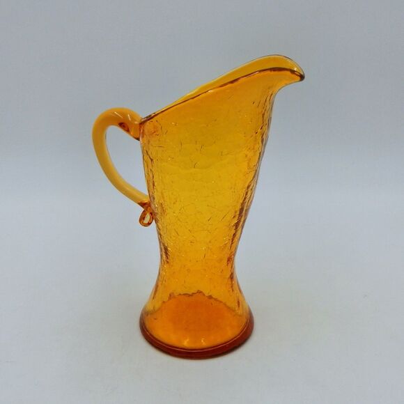 Crackle Glass Mini Pitcher Creamer Hand Blown 6 Inch Amber Applied Handle - Picture 3 of 9